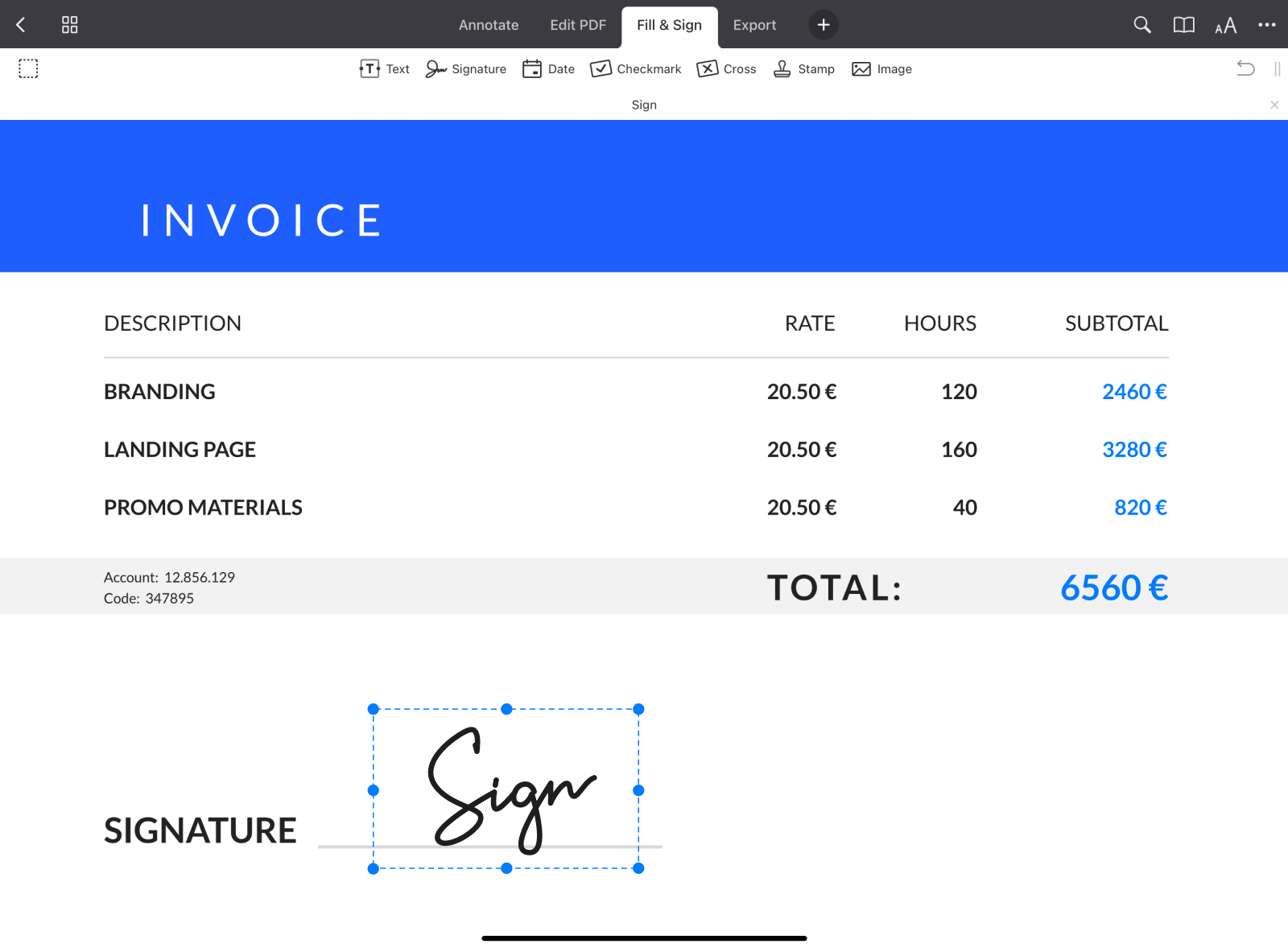Screenshot der PDF Expert-App auf dem iPad mit einer Funktion zum Unterschreiben von Dokumenten